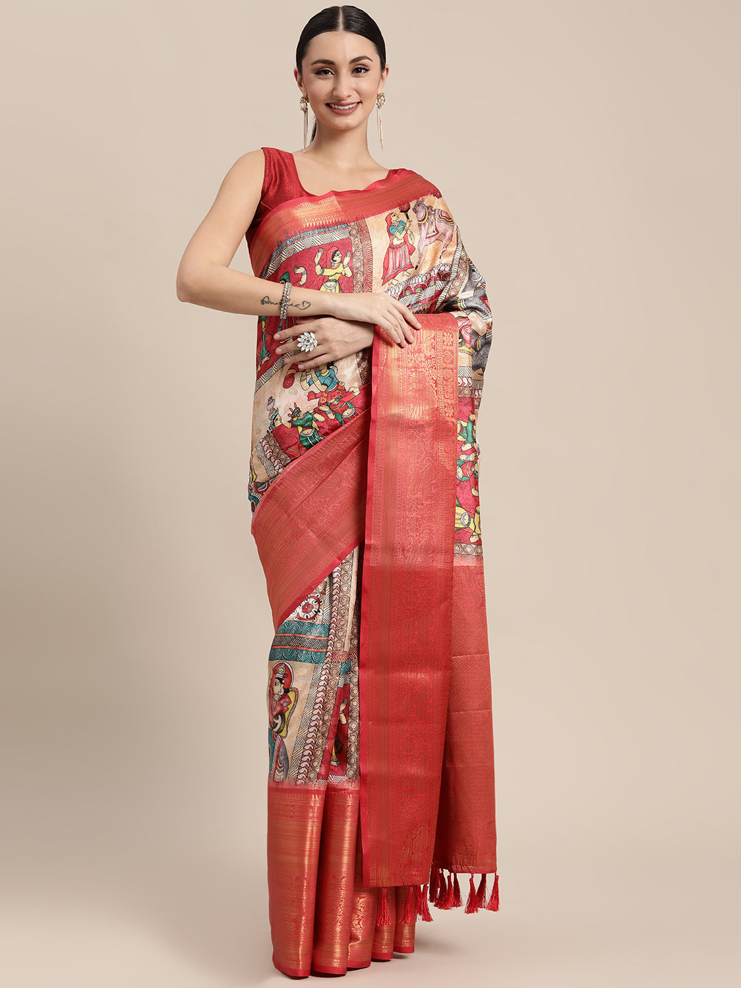 Designer Kalamkari Print Pattu Banarasi Silk Saree