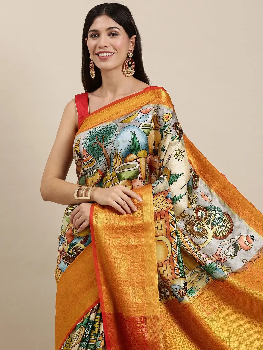 Soft Linen Kalamkari Block Print Sarees