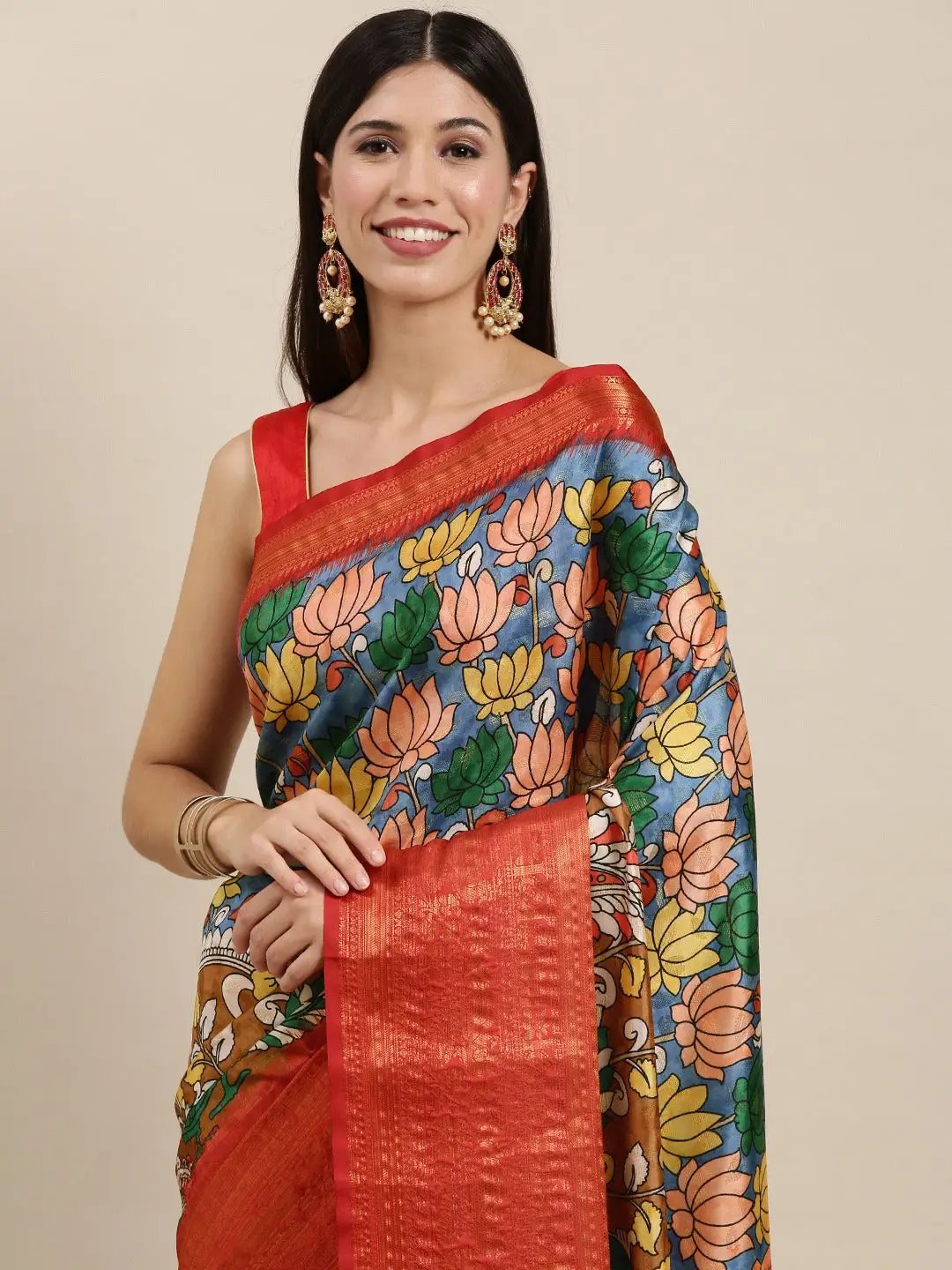 Digital Kalamkari Print Pattu Banarasi Silk Saree
