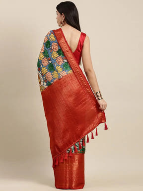 Digital Kalamkari Print Pattu Banarasi Silk Saree