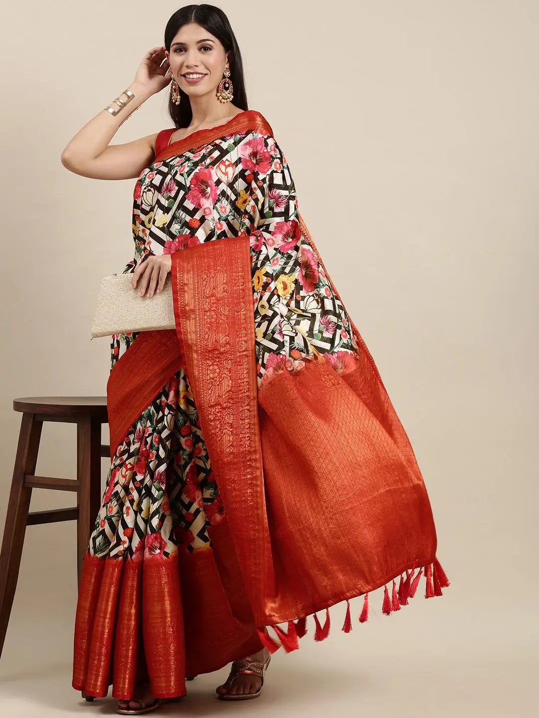 Digital Kalamkari Print Pattu Banarasi Silk Saree