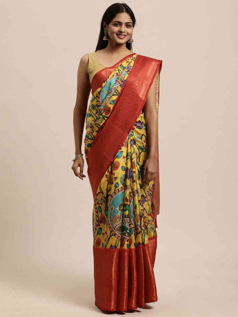 Beautiful Kalamkari Zari Work Silk Blend Kanjivaram Saree