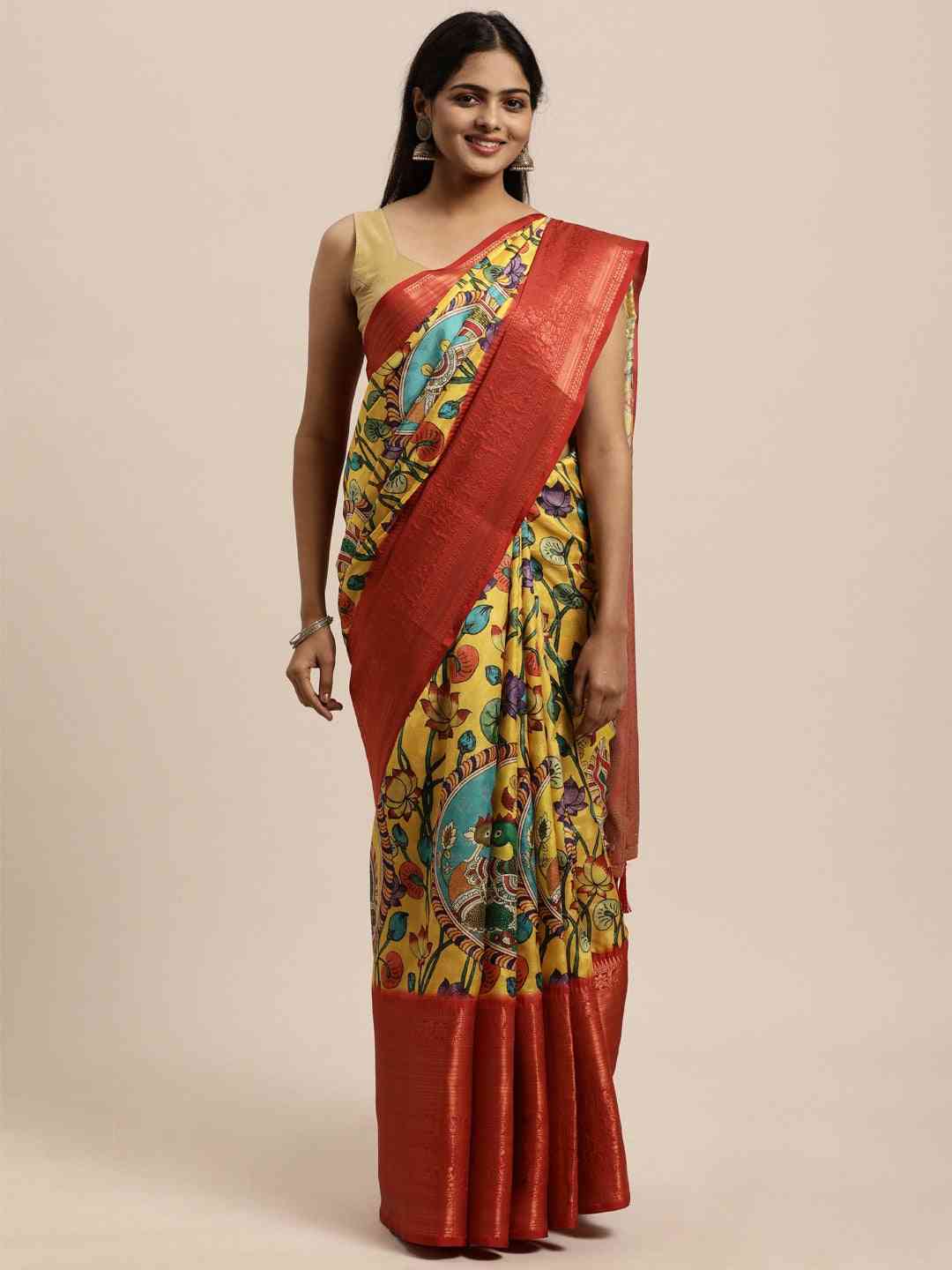 Exclusive Kalamkari Zari Work Silk Blend Kanjivaram Saree