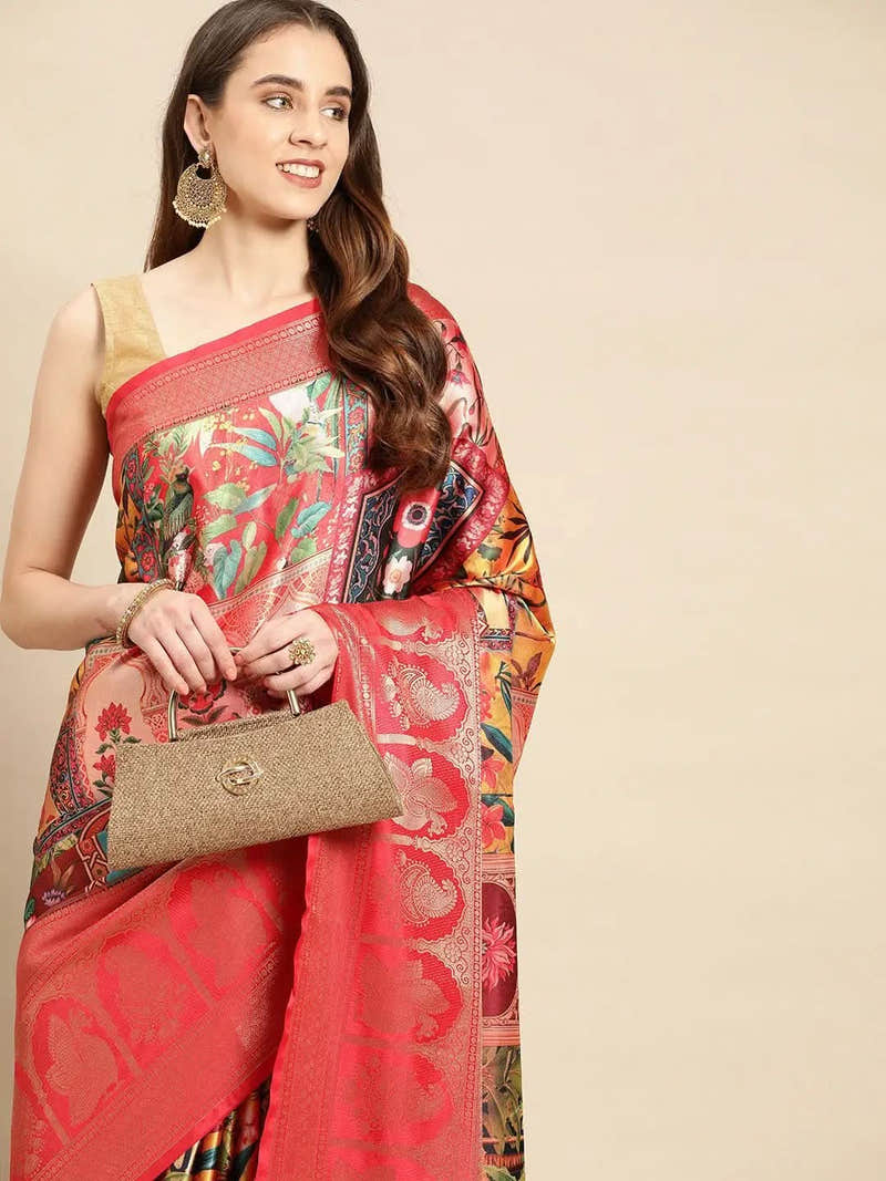 Soft Satin Kanchi Border Colour Block Print Party Wear Saree