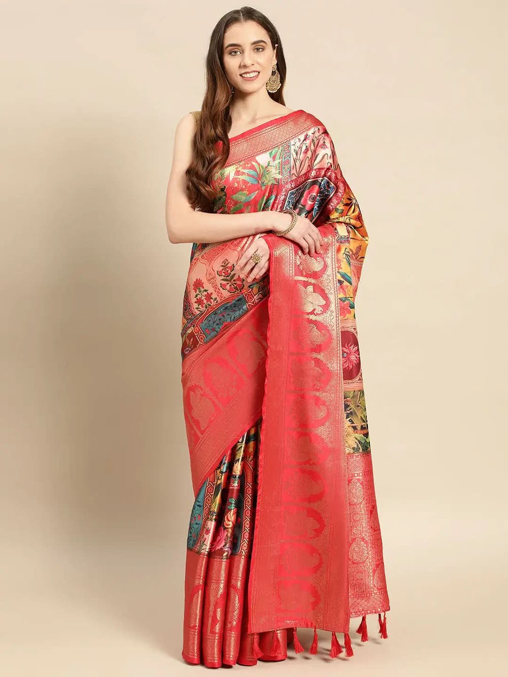 Soft Satin Kanchi Border Kalamkari Saree
