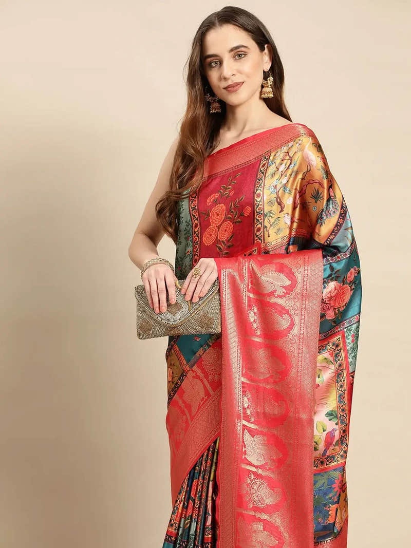 Soft Satin Kanchi Border Colour Block Print Party Wear Saree