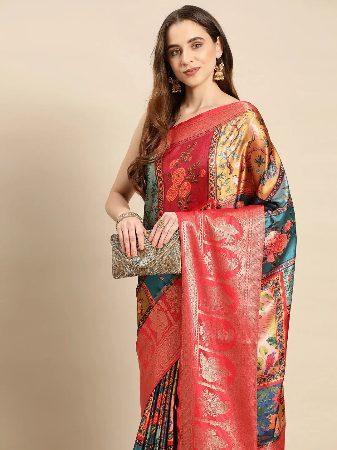 Soft Satin Kanchi Border Kalamkari Saree