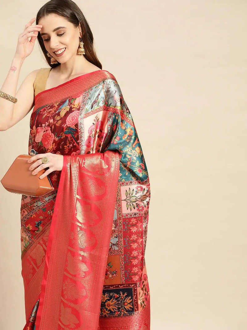 Soft Satin Kanchi Border Colour Block Print Party Wear Saree