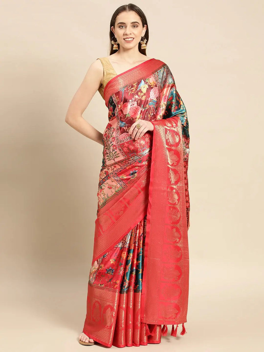 Soft Satin Kanchi Border Kalamkari Saree
