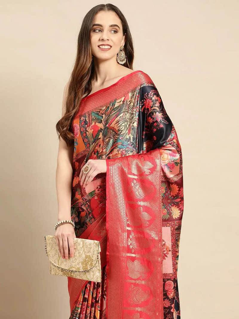Soft Satin Kanchi Border Colour Block Print Party Wear Saree