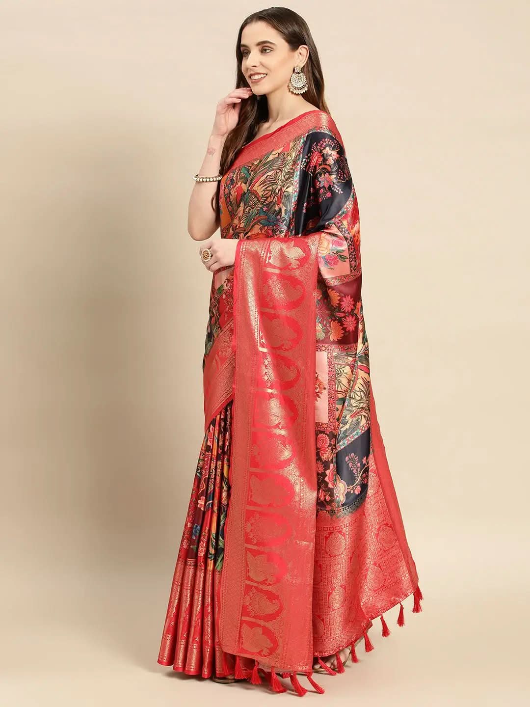 Soft Satin Kanchi Border Kalamkari Saree