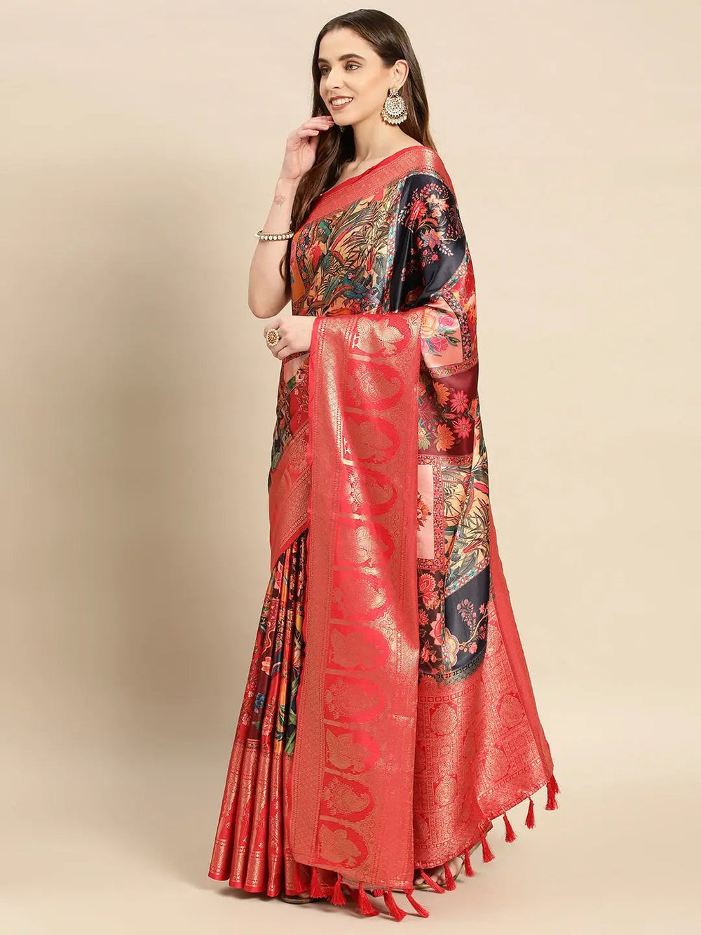 Soft Satin Kanchi Border Kalamkari Saree