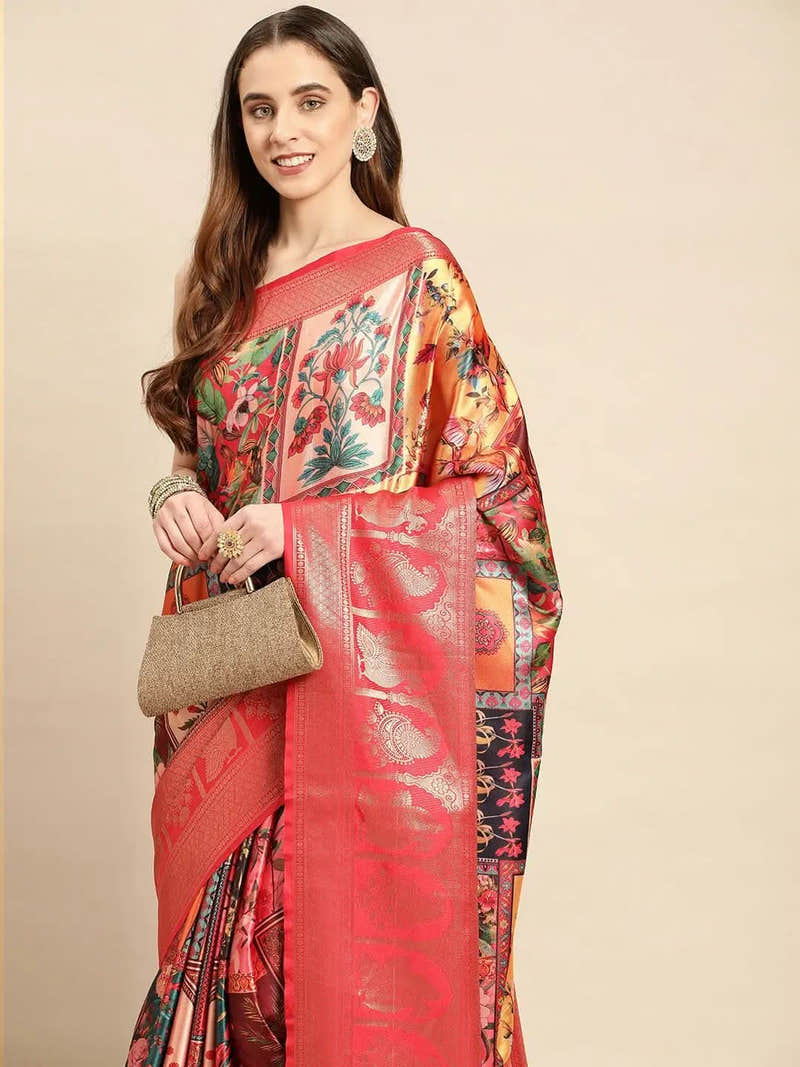 Soft Satin Kanchi Border Colour Block Print Party Wear Saree