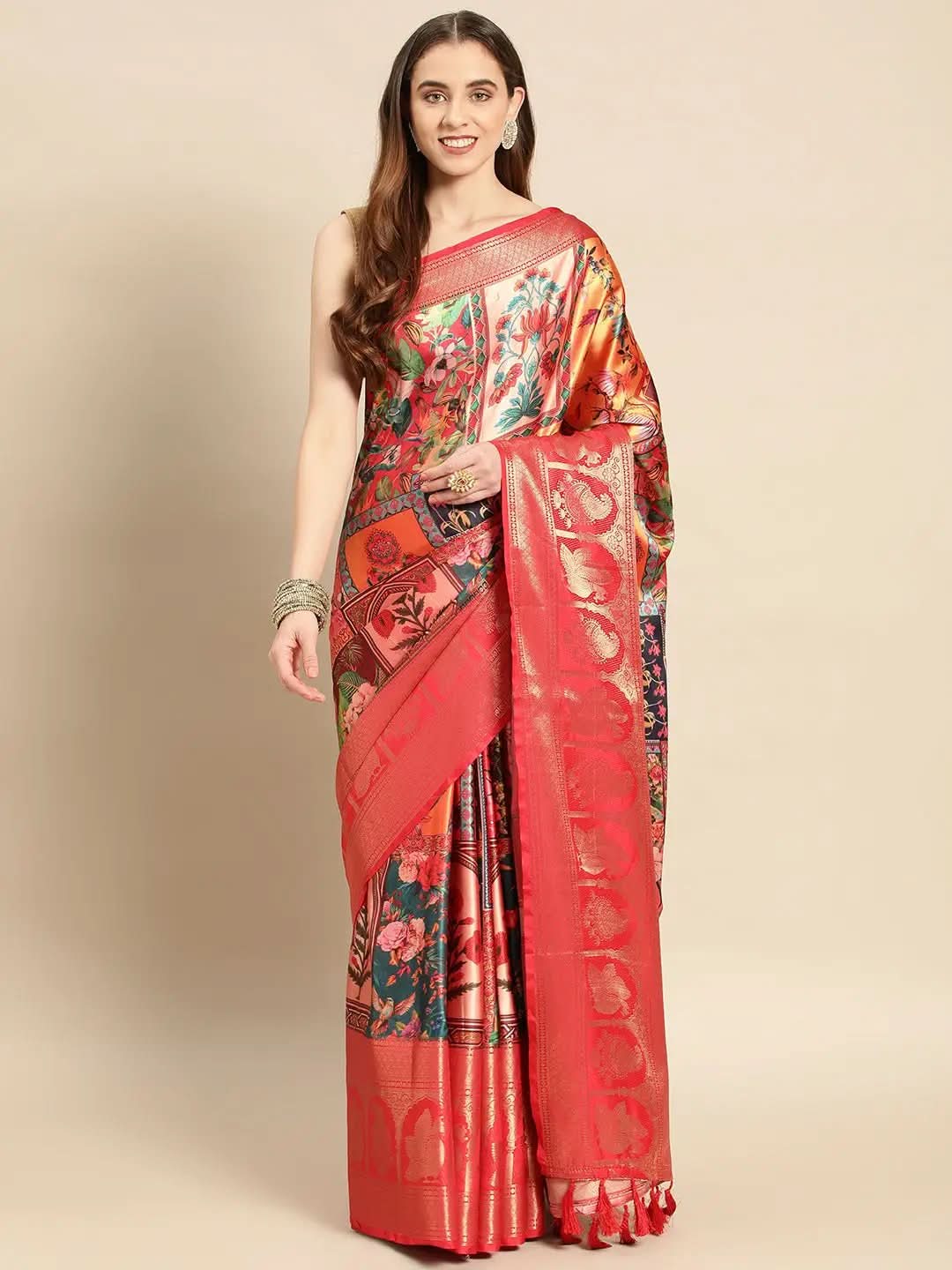 Soft Satin Kanchi Border Kalamkari Saree