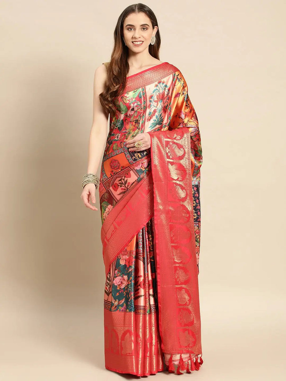 Soft Satin Kanchi Border Kalamkari Saree