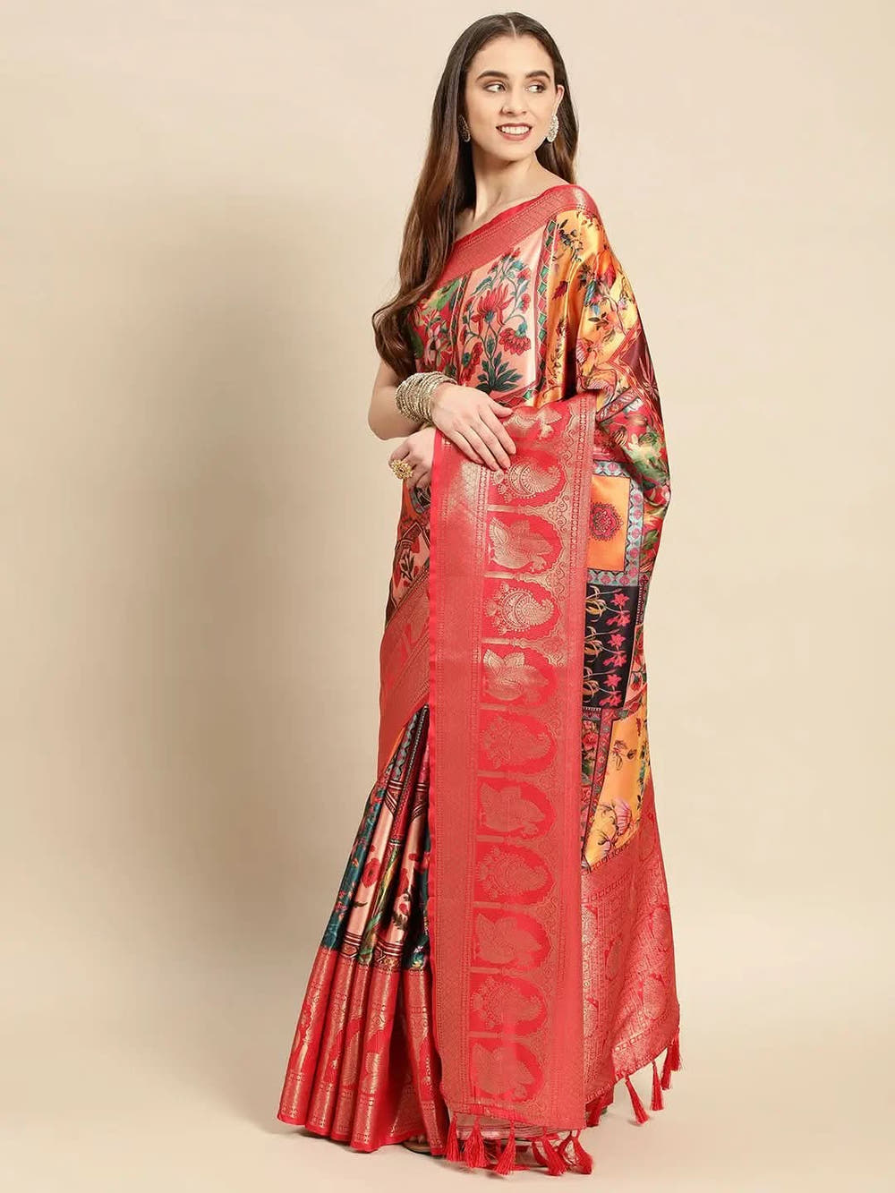 Soft Satin Kanchi Border Kalamkari Saree