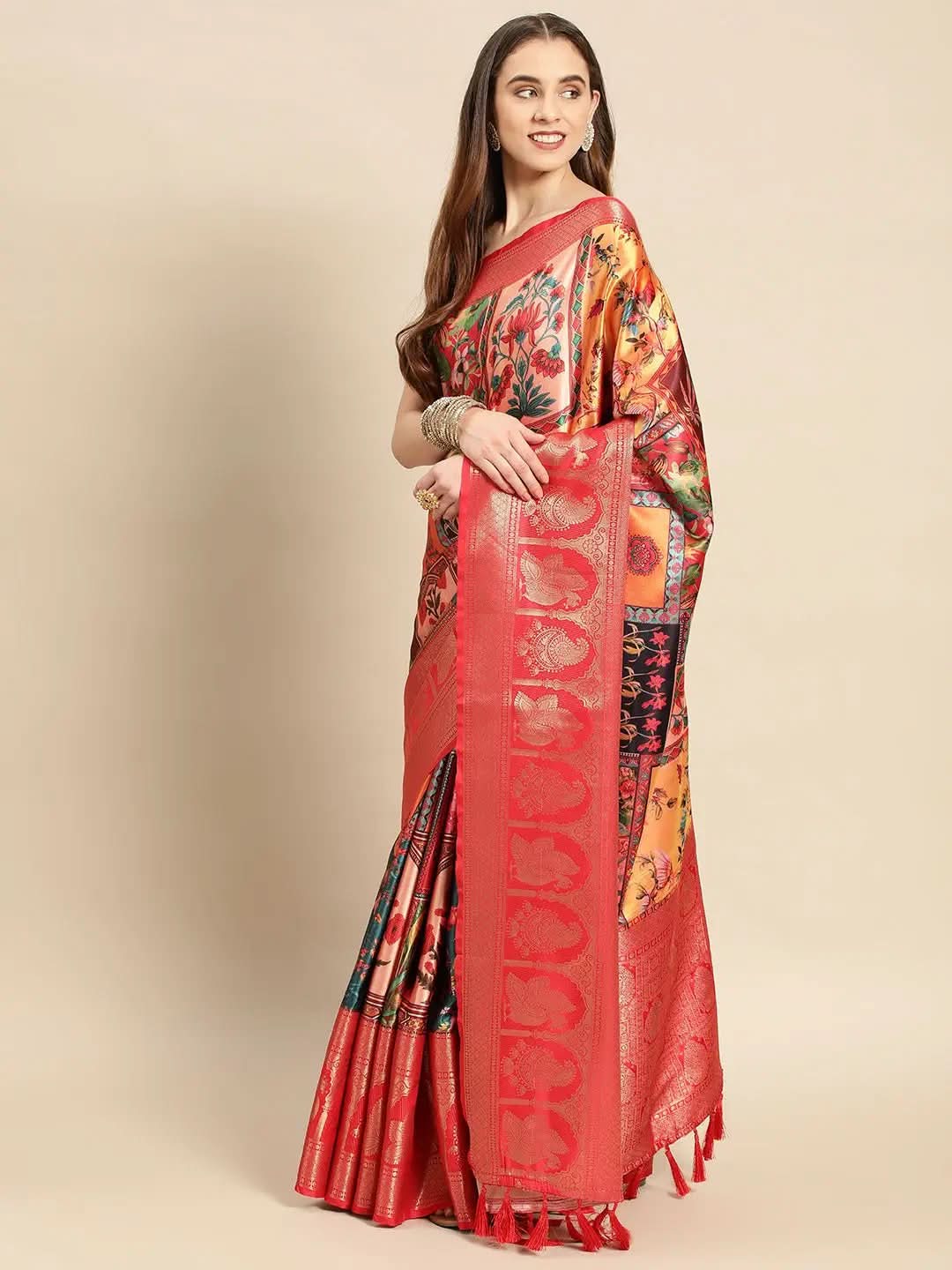 Soft Satin Kanchi Border Kalamkari Saree