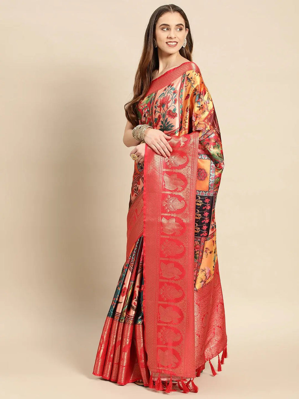 Soft Satin Kanchi Border Kalamkari Saree