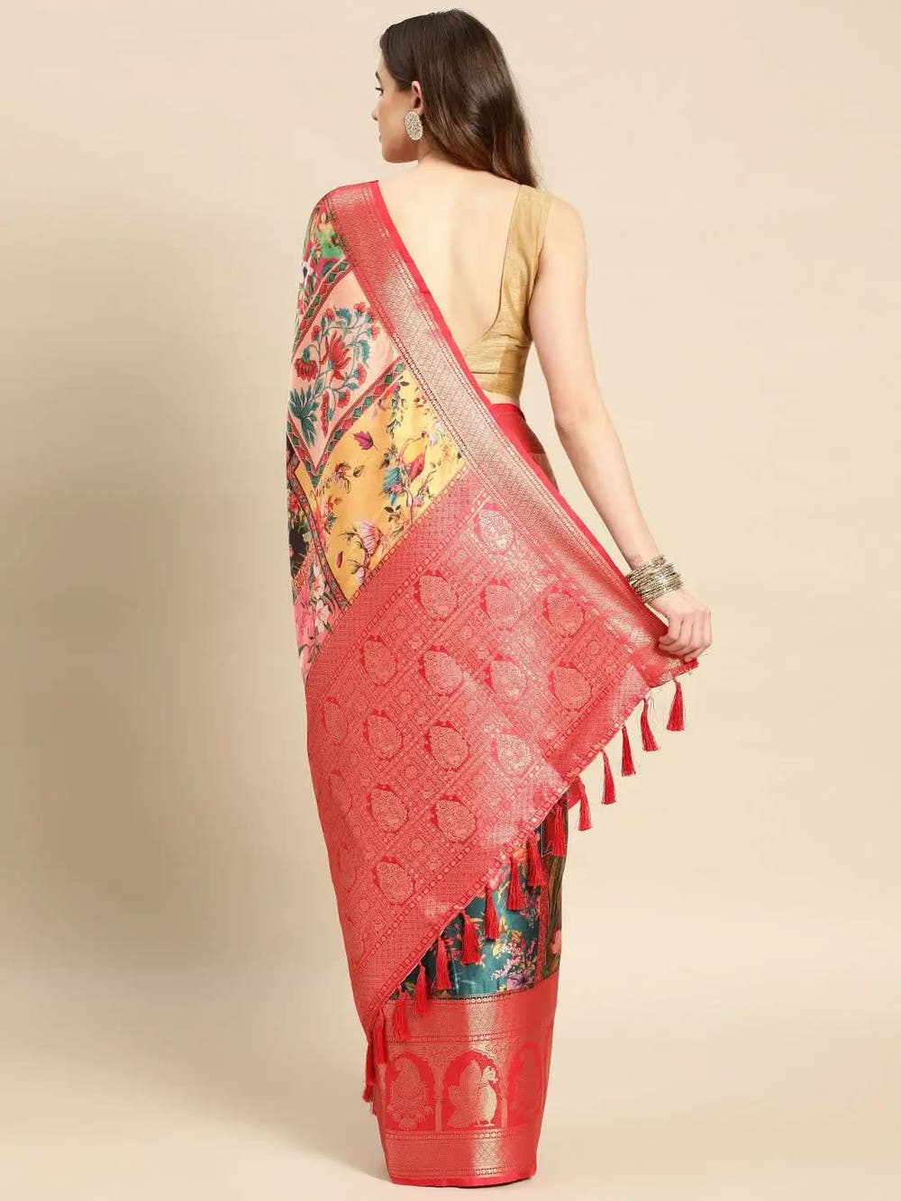 Soft Satin Kanchi Border Kalamkari Saree