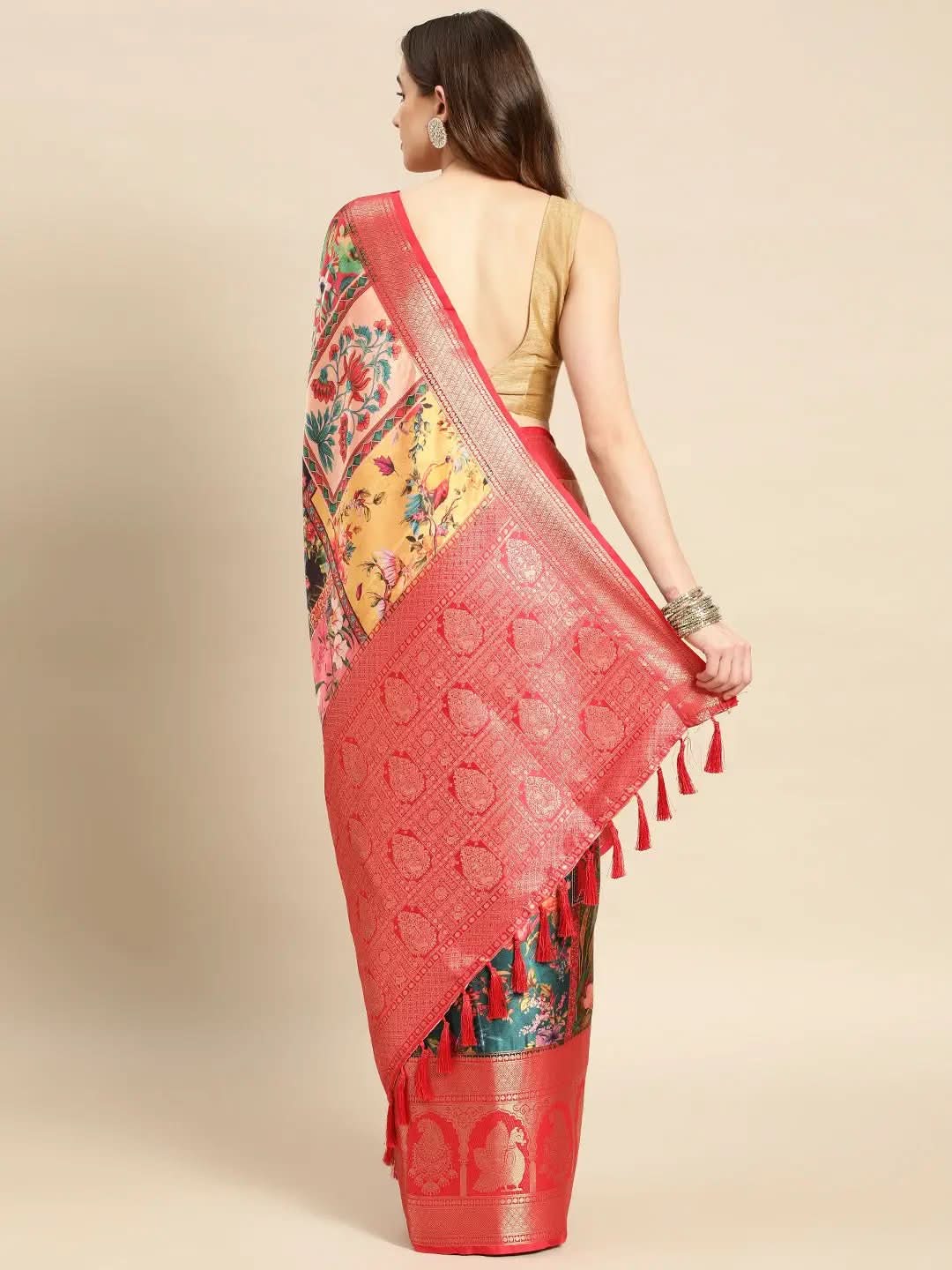 Soft Satin Kanchi Border Kalamkari Saree