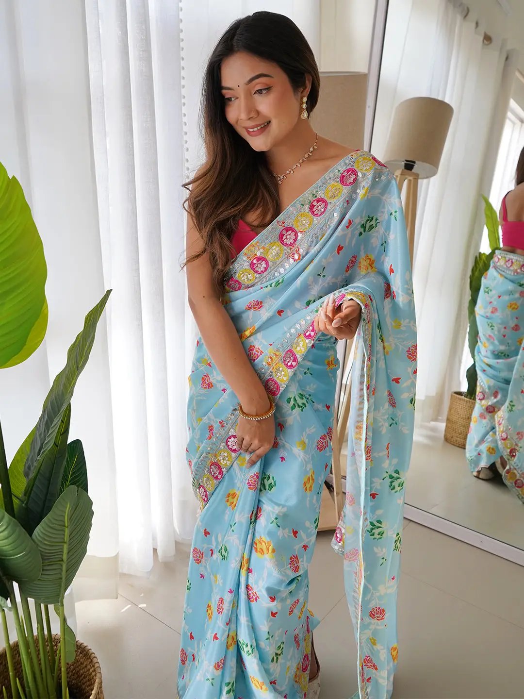 Buy Elegant Floral Digital Printed Chinon Silk Sare