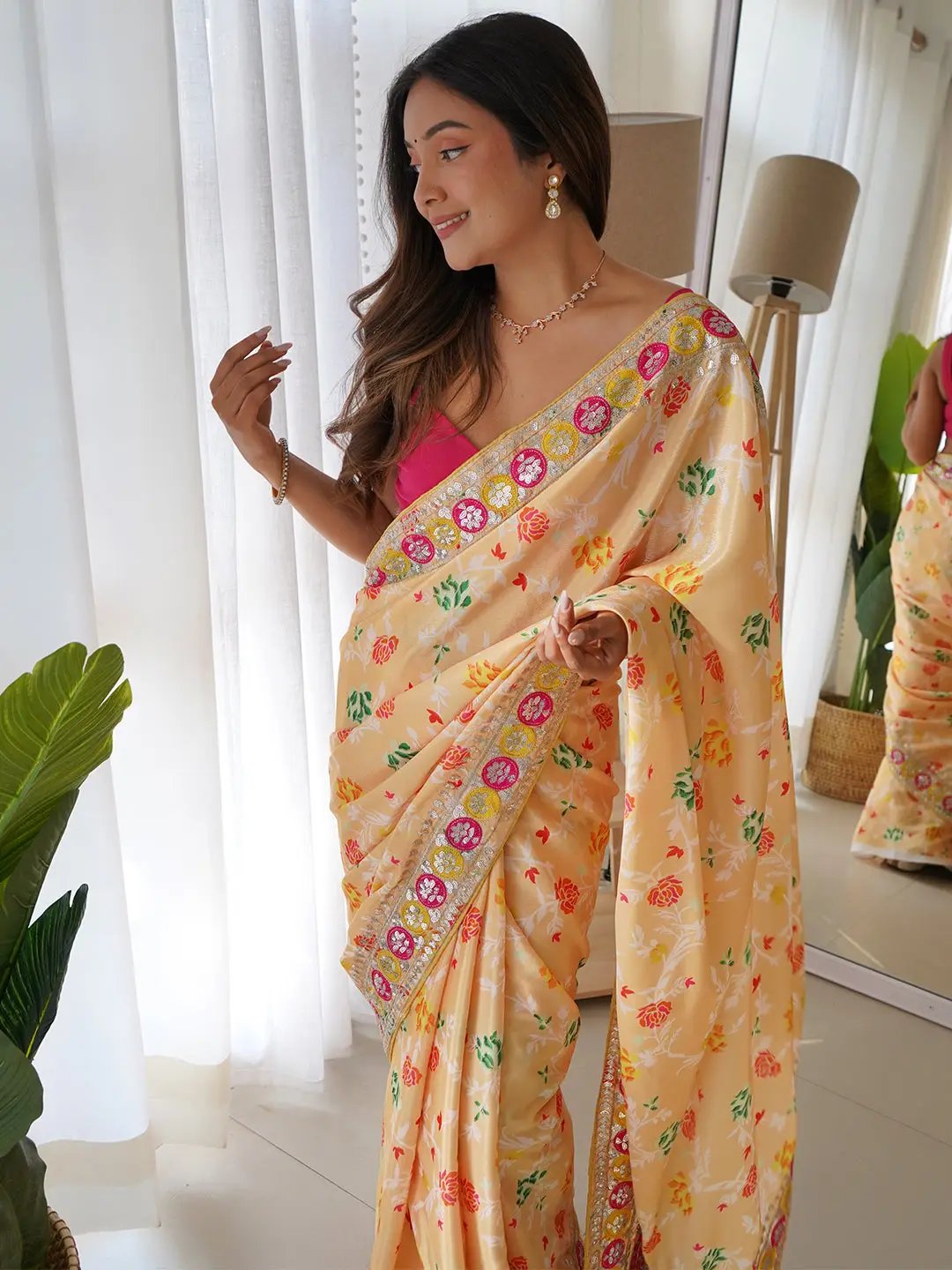 Buy Elegant Floral Chinon Silk Saree with Embroidery Work