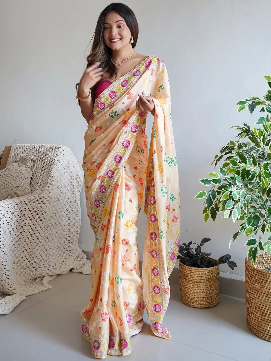 Buy Elegant Floral Chinon Silk Saree with Embroidery Work