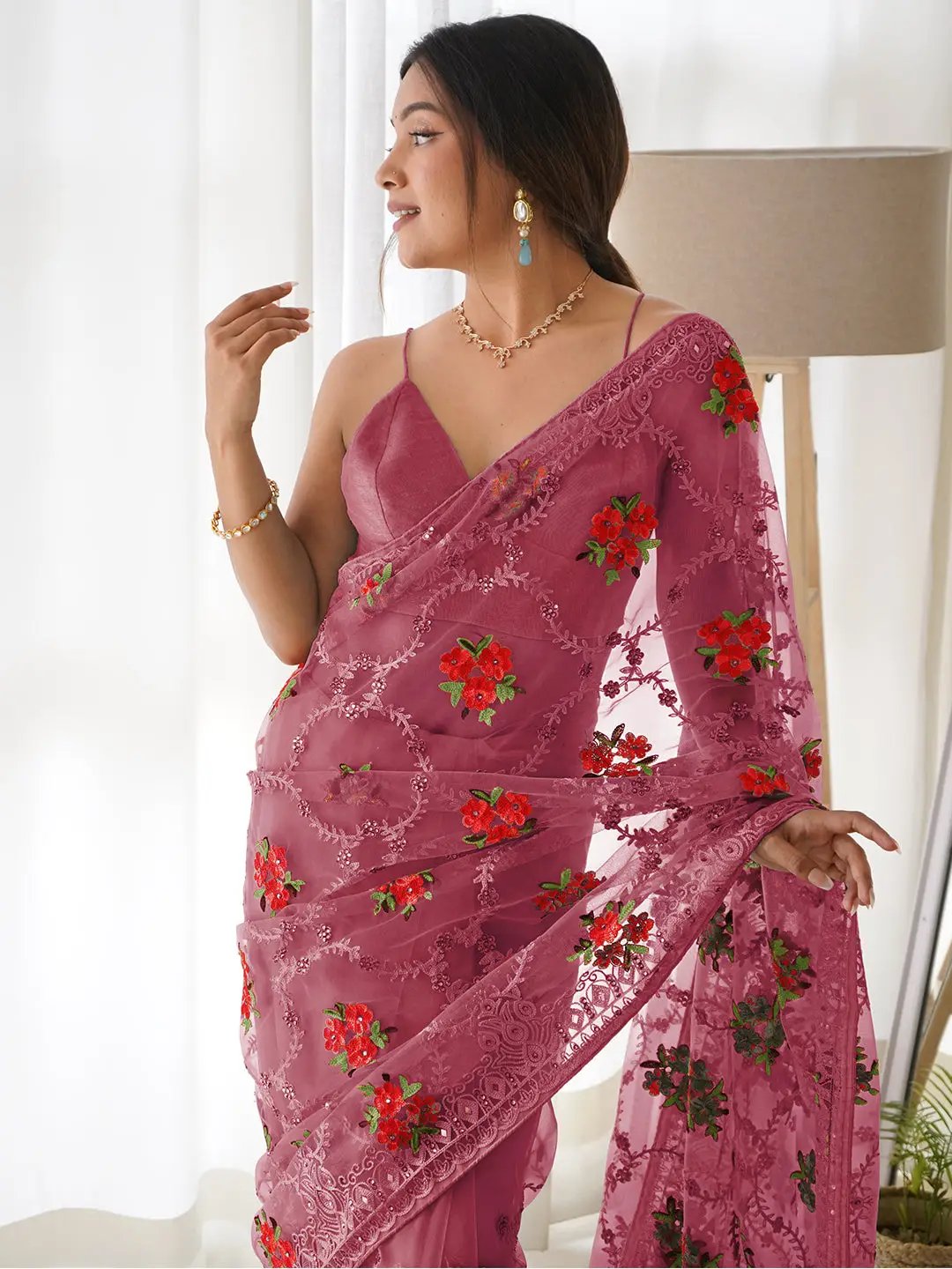 Beautiful Butterfly Net  Embroidery  Stone Work Saree 