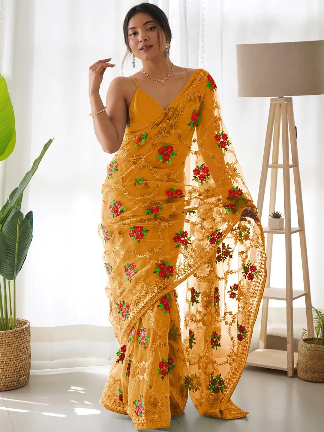 Exclusive Butterfly Net Embroidery Stone Work Saree