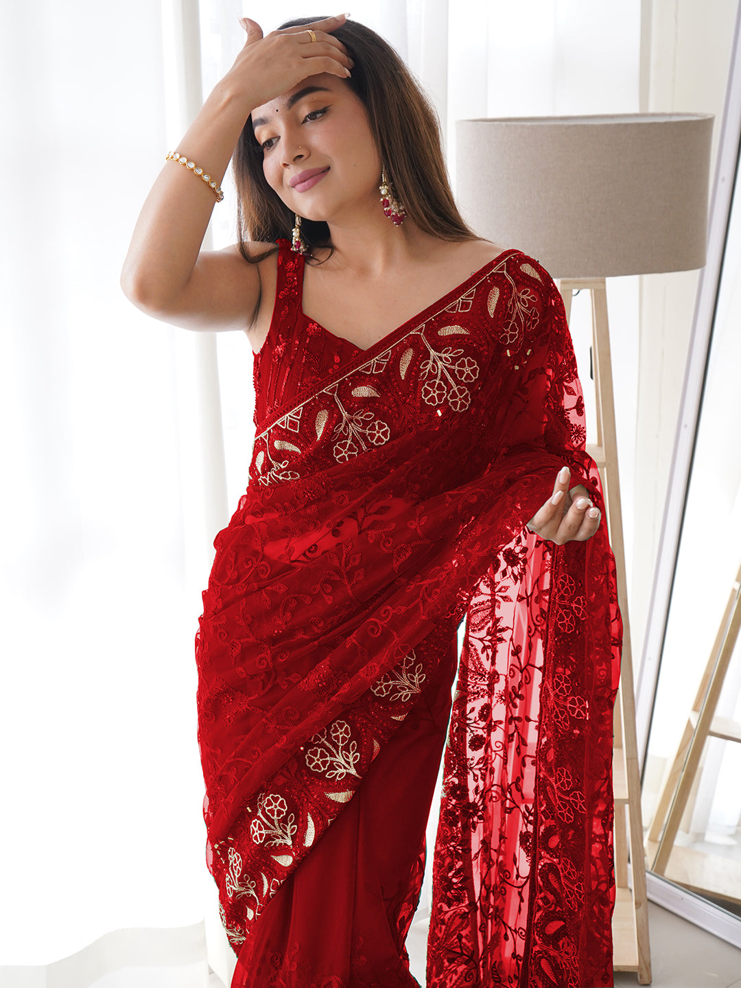 Stylish Embroidery Saree With Stone Work