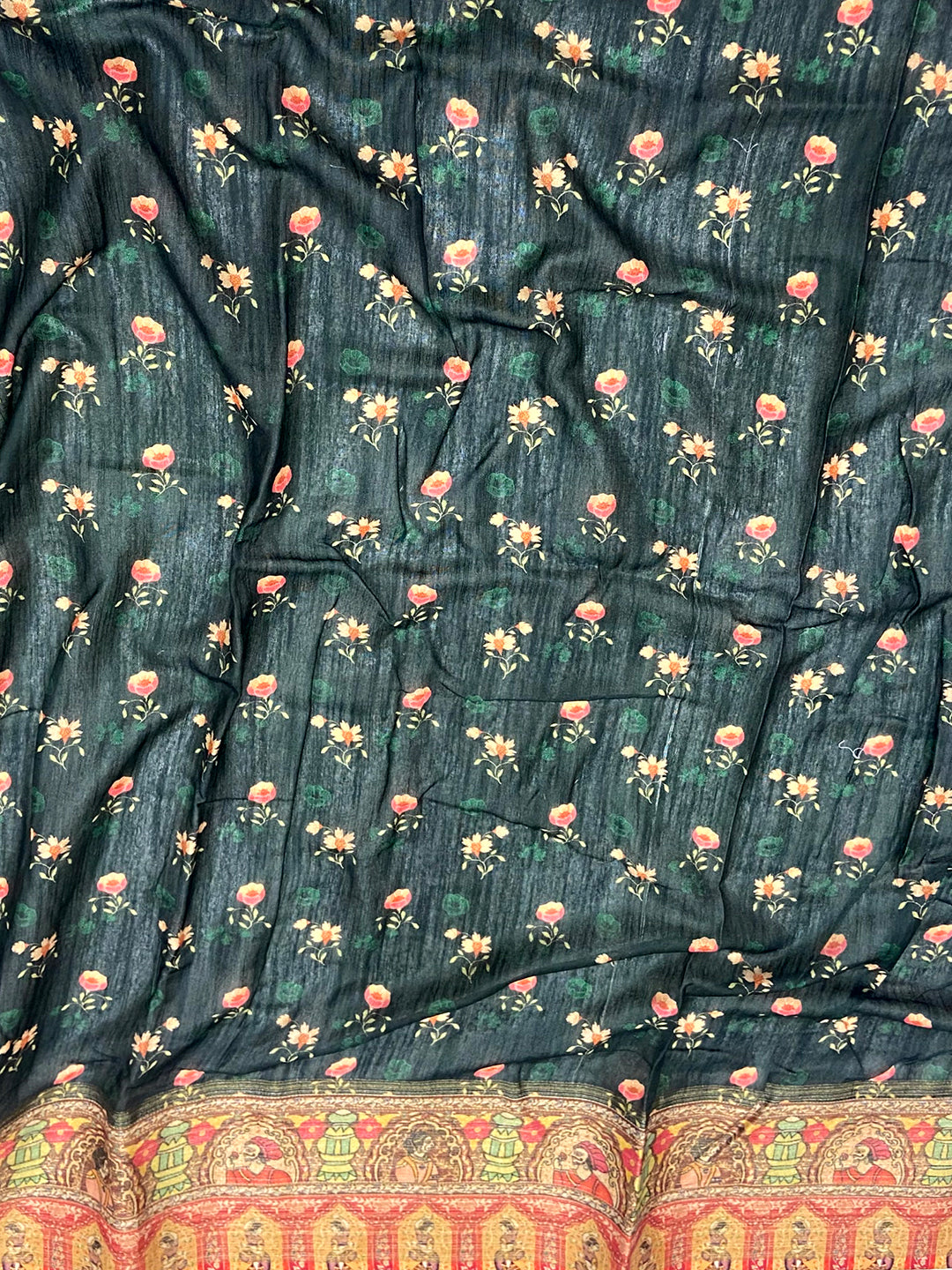 Dark Green Aari Pashmina Print Linen Saree