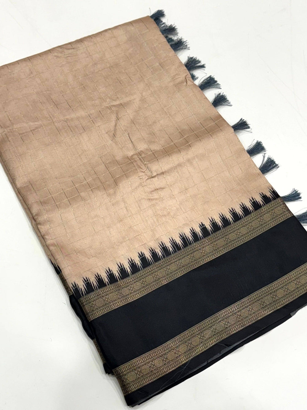Beige Zari Checked Satin Rettapet Saree