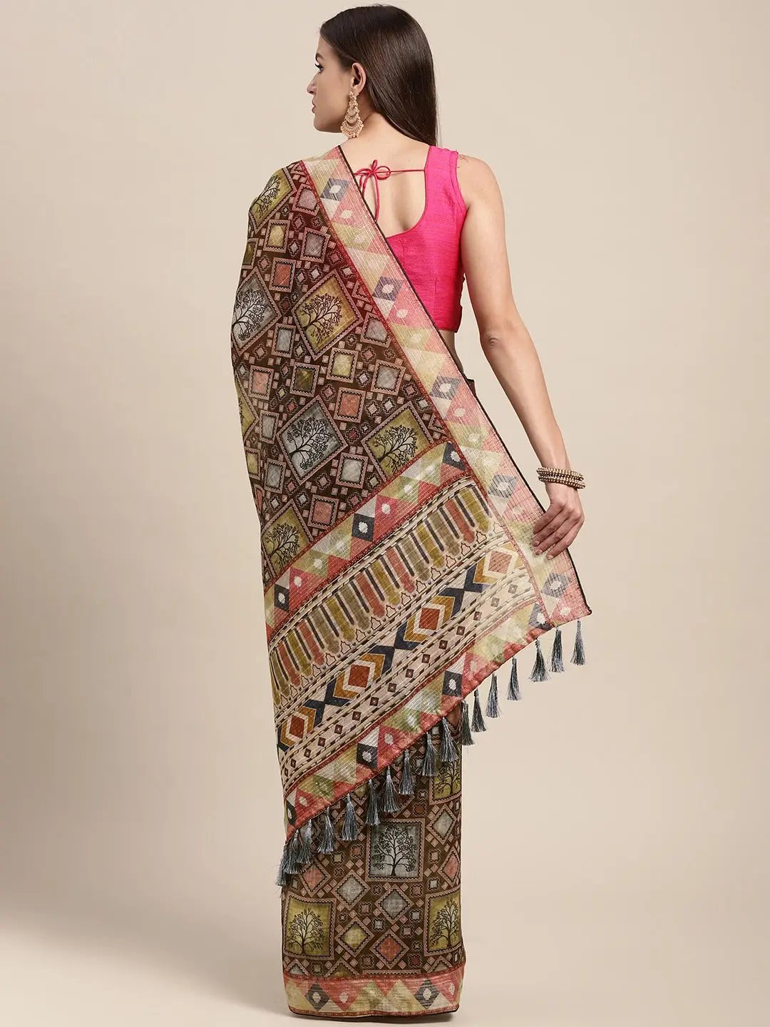 Soft Linen Kalamkari Block Print Party Wear Saree