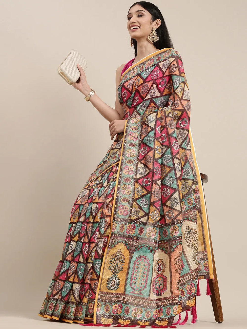  Stylish Soft Linen Kalamkari Party Wear Saree
