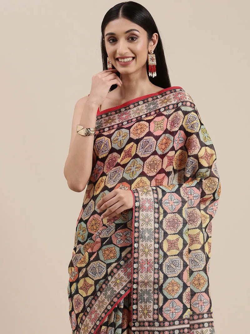 Black Colour Soft Linen Block Print Party Wear Saree