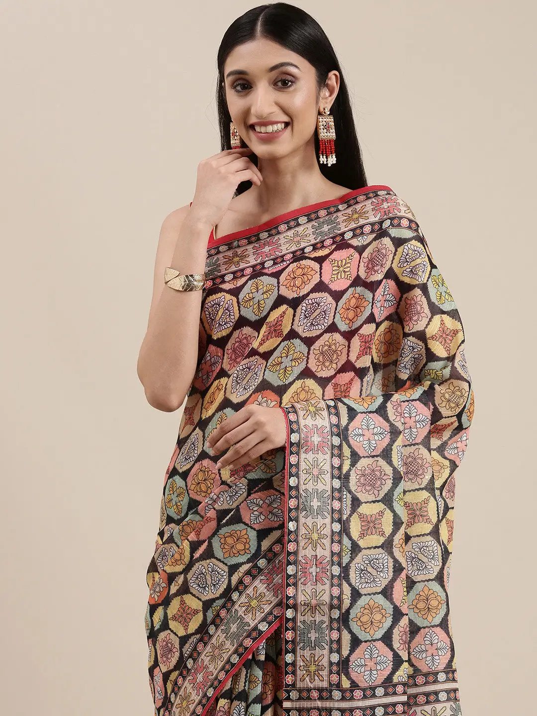 Stylish Soft Linen Kalamkari Block Print Party Wear Saree