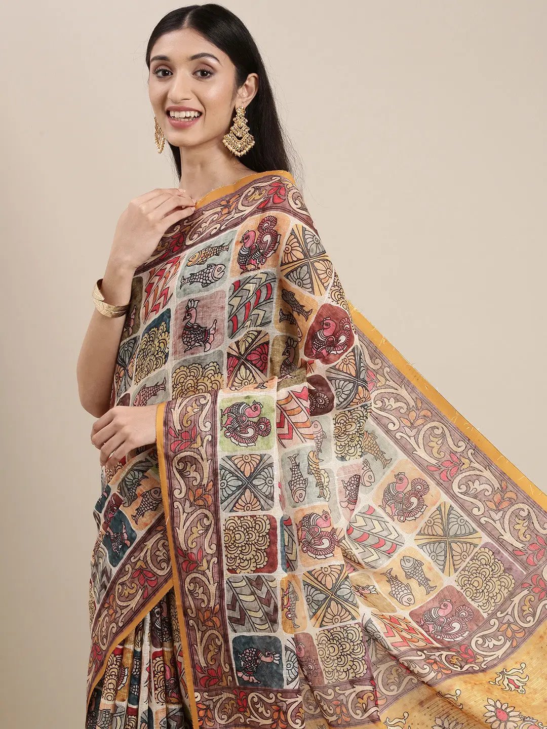 Exclusive Soft Linen Kalamkari Block Print Saree