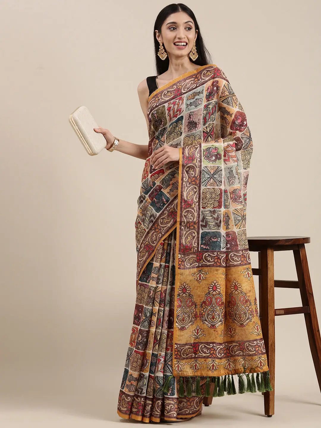 Exclusive Soft Linen Kalamkari Block Print Saree