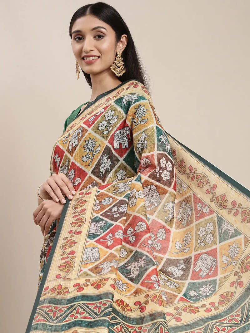 Soft Linen Kalamkari Block Print Party Wear Saree