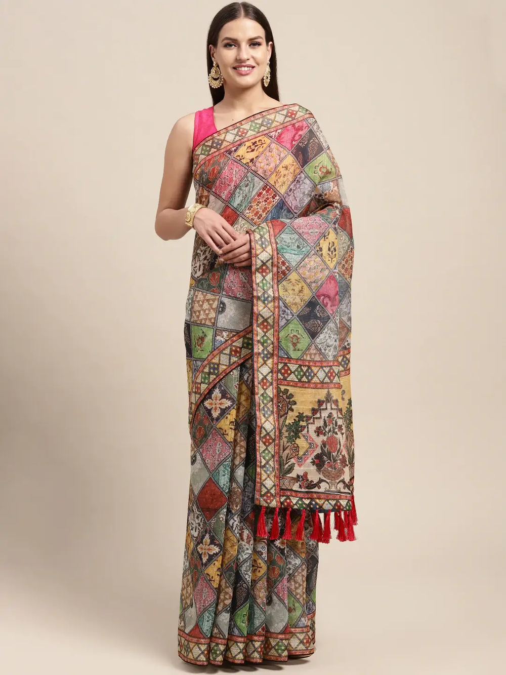 Soft Linen Kalamkari Block Print Sarees