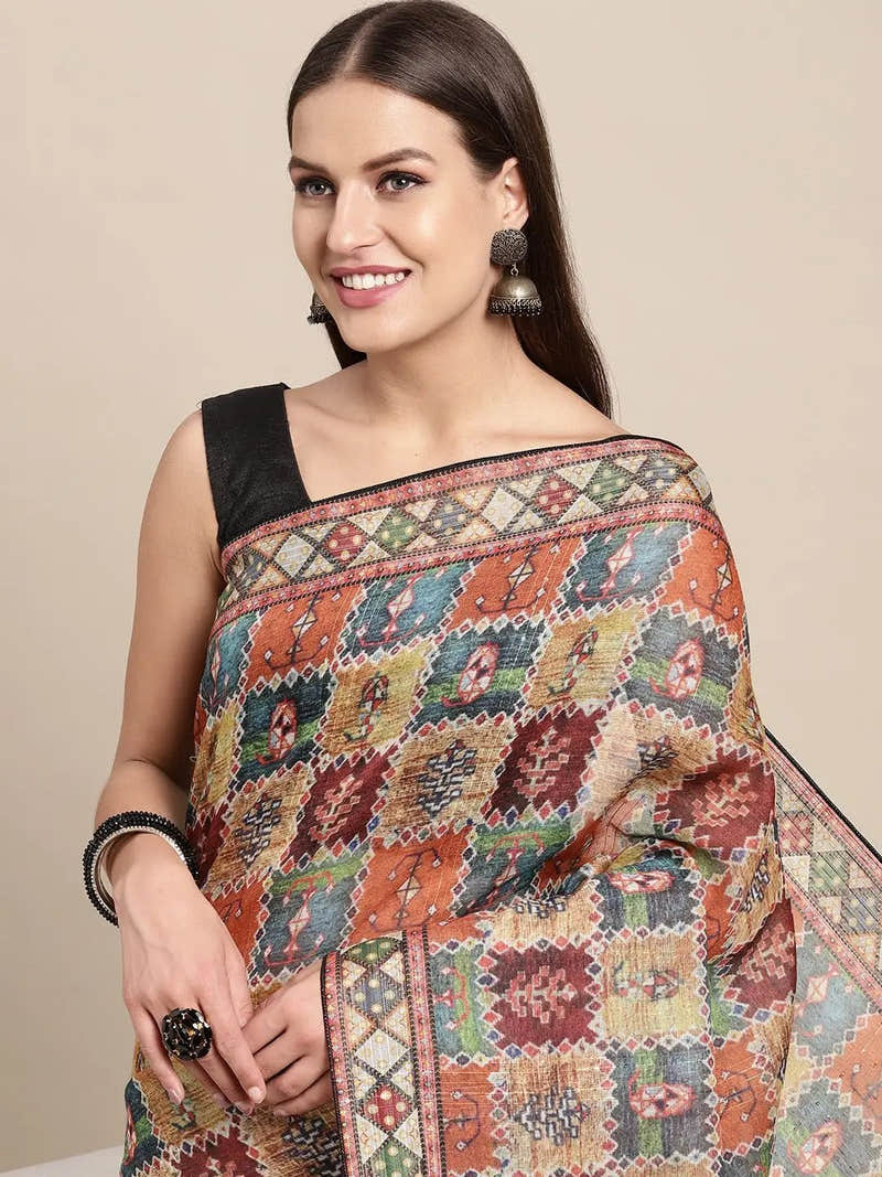 Soft Linen Kalamkari Block Print Party Wear Saree