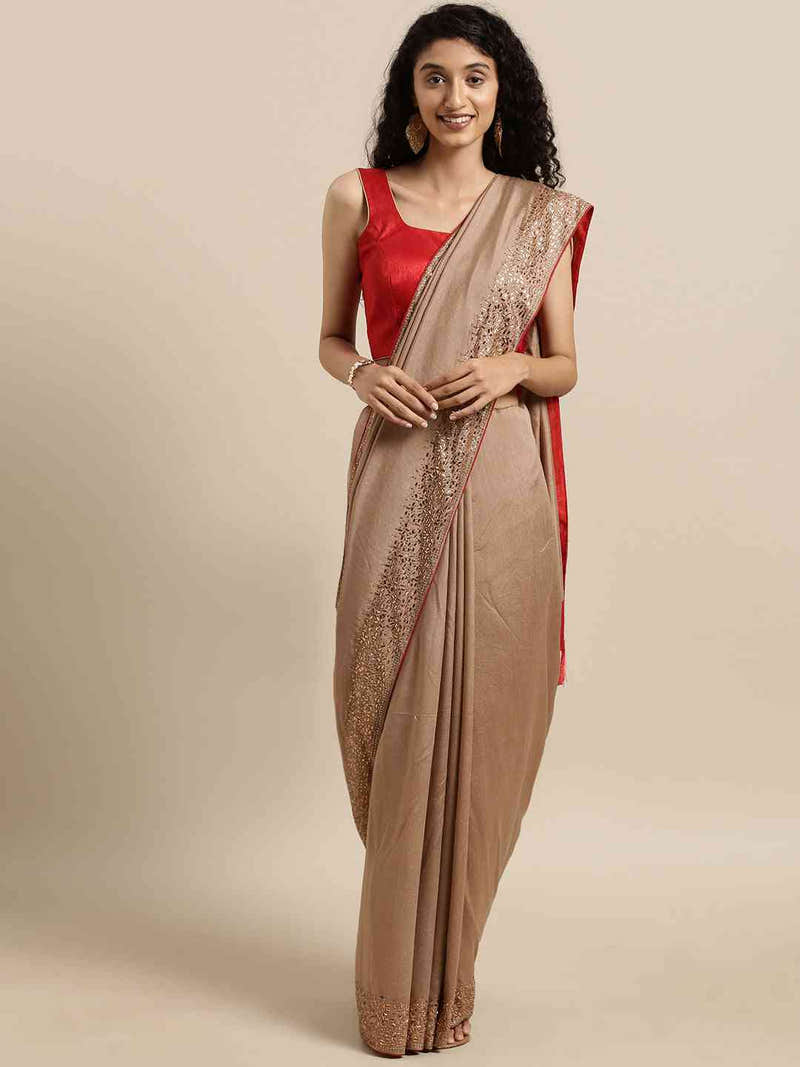 Beige Colour Poly Silk Saree With Stones Work