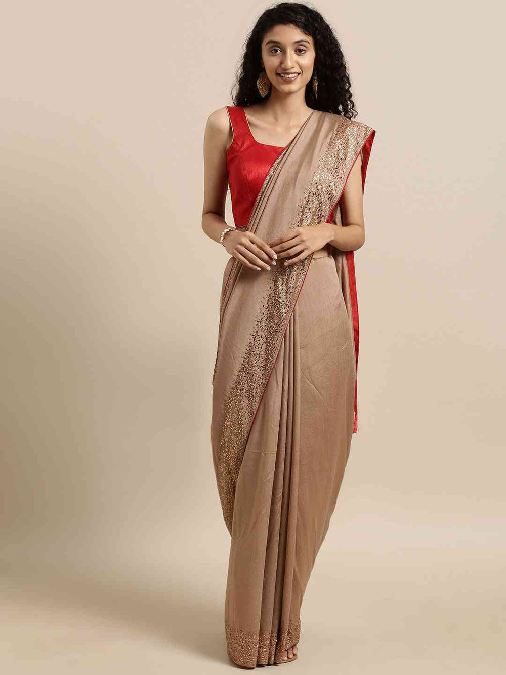 Beige Colour Poly Silk Solid Saree with Embellished Border