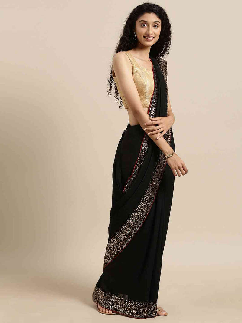 Black Colour Poly Silk Saree With Stones Work