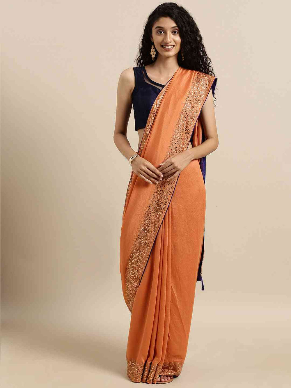 Peach Colour Poly Silk Solid Saree with Embellished Border