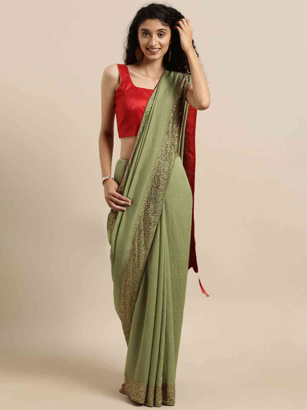 Green Colour Poly Silk Solid Saree with Embellished Border 