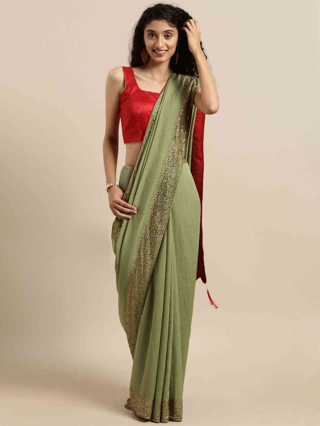 Green Colour Poly Silk Solid Saree with Embellished Border 