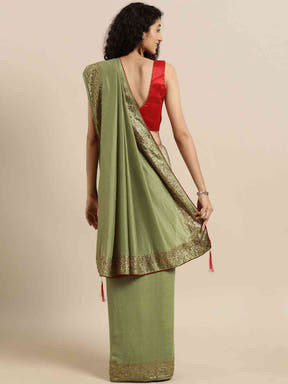 Green Colour Poly Silk Solid Saree with Embellished Border 