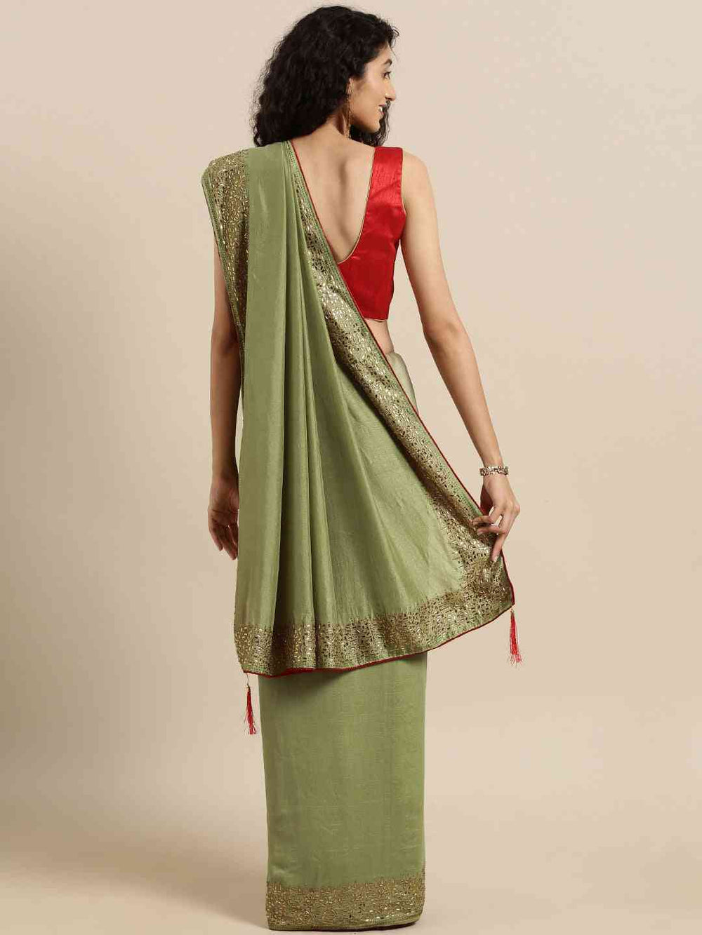 Green Colour Poly Silk Solid Saree with Embellished Border 