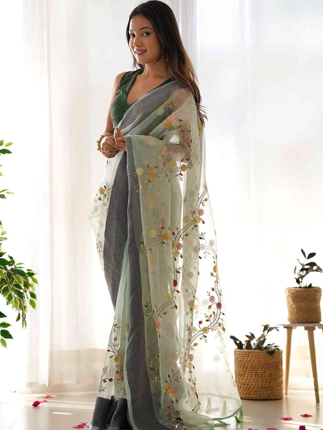  Organza Silk Saree With Embroidery & Laheriya Pattern